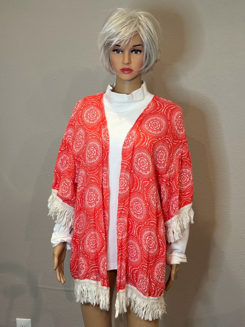 No Boundaries Red and White Fringe Patterned Wrap